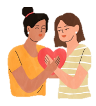 A couple of women holding a heart