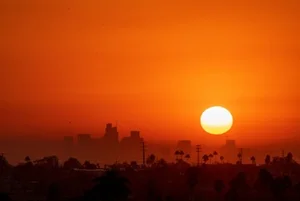 A large orange sun sets low on the horizon, casting a warm red-orange glow across the sky as the dark silhouette of a city skyline appears in the distance; palm trees and low buildings are visible in the foreground, softened by haze, creating a dramatic sunset scene.