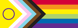 A Progress Pride flag with horizontal rainbow stripes in red, orange, yellow, green, blue, and purple, overlaid on the left by a chevron of black, brown, light blue, pink, and white stripes pointing inward, with a yellow triangle containing a purple circle layered within the chevron.