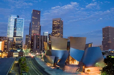 Disney Concert Hall and tall lit up buildings