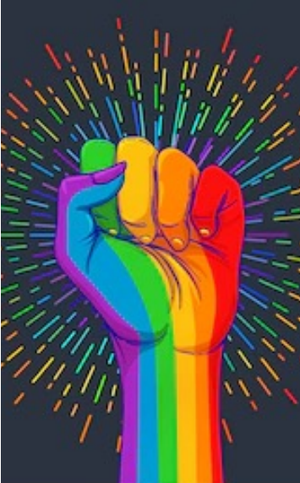 A rainbow colored hand with a black background