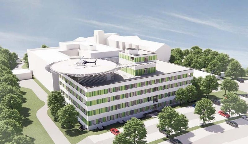 Helicopter landing pad on the flat roof of a hospital