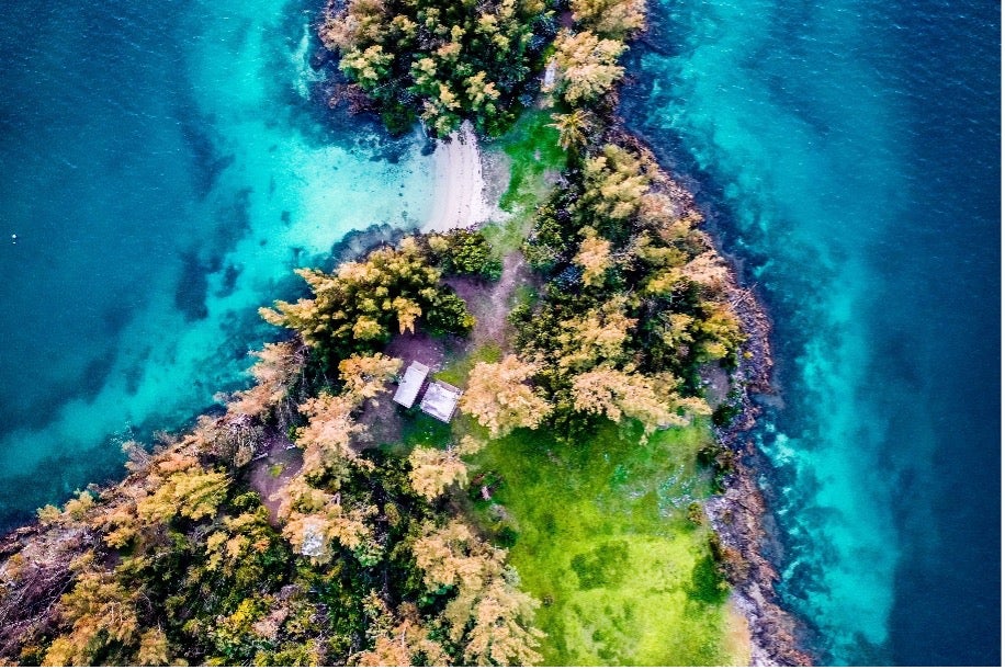 An aerial shot of Bermuda's coastline features deep blue water, palm trees, and sand.