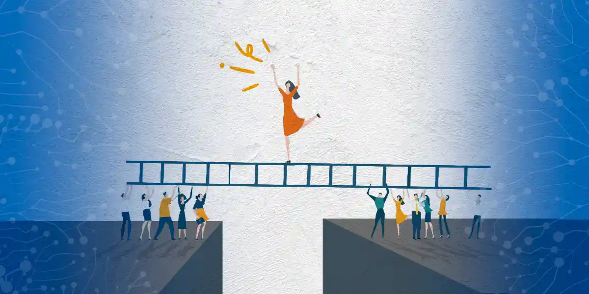 Leader on a ladder that is being held up by her team to show support during a challenge where she asked for support.