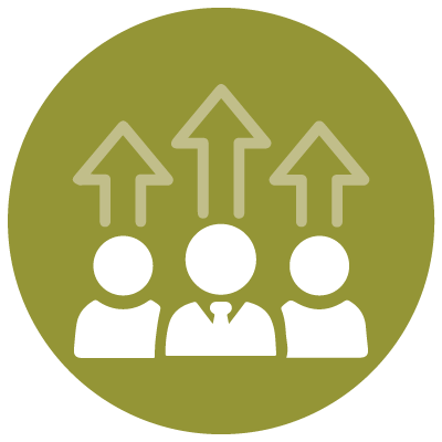 icon of several people icons, one in the middle wearing a suit to show they are the leader, with arrows coming up from the group, showing that one strategy to build a healthy leadership culture is implementing a common leadership model