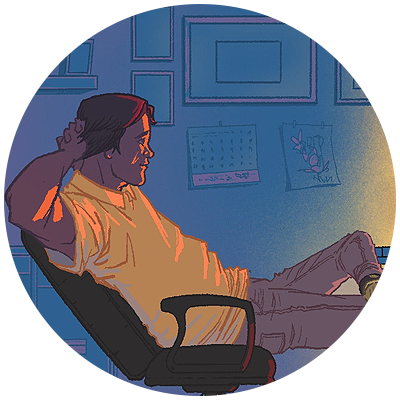 illustration of a person sitting in his office chair looking out the window of what looks to be a sunny destination 