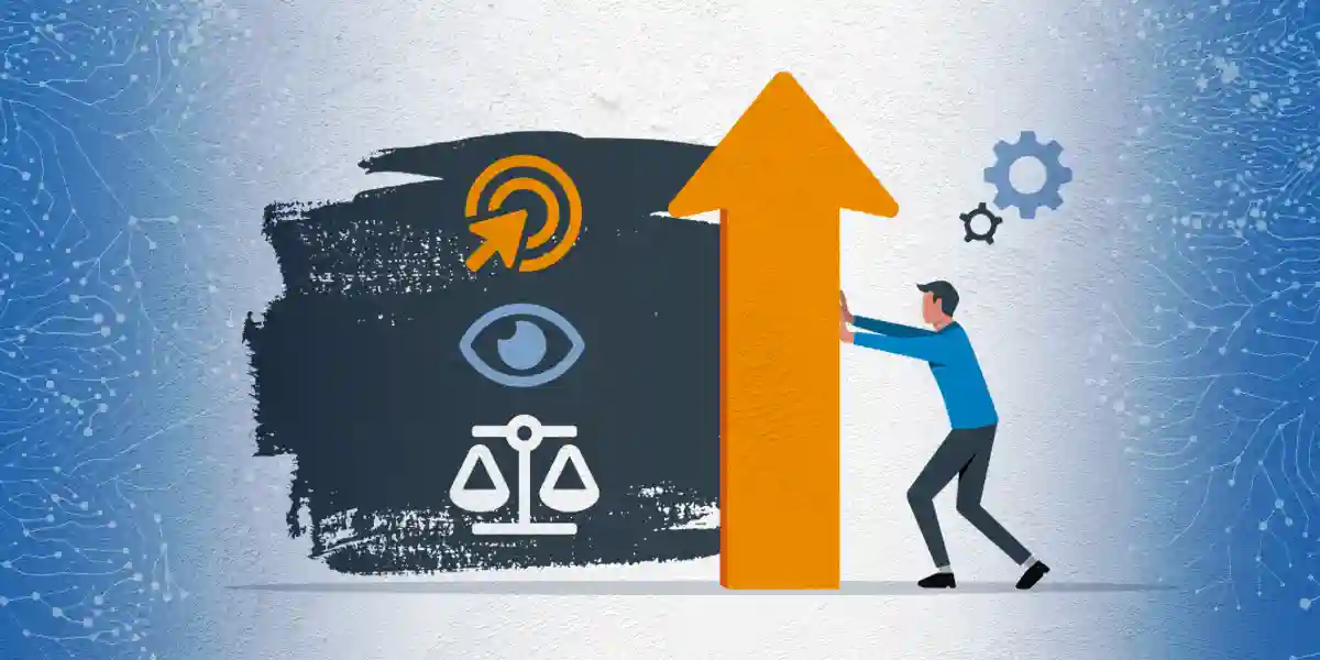 three icons a target, eye and a scale next to an arrow that a man is pushing to build an ethical organizational culture