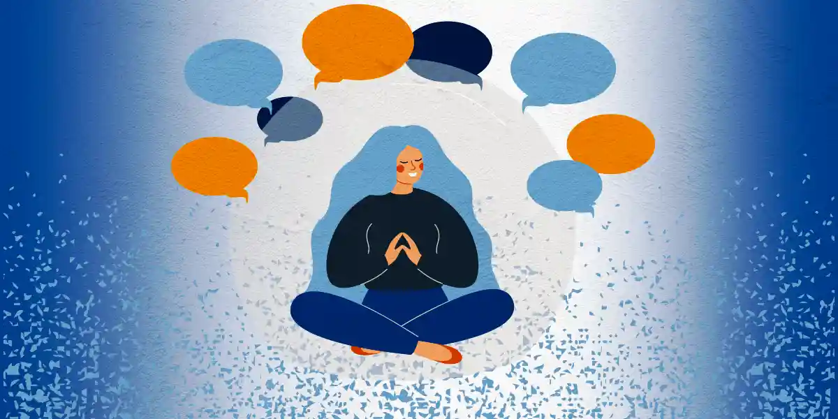 Illustration of a calm person meditating while surrounded by speech bubbles, representing psychological safety, open communication, and emotional well-being.