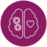 brain icon with gears in the left side of the brain and a heart in the right side of the brain
