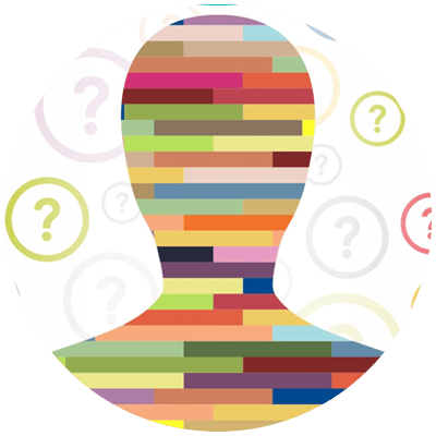 head icon filled in with different colors, surrounded by question marks to illustrate this blog is about how to use personality tests in the workplace