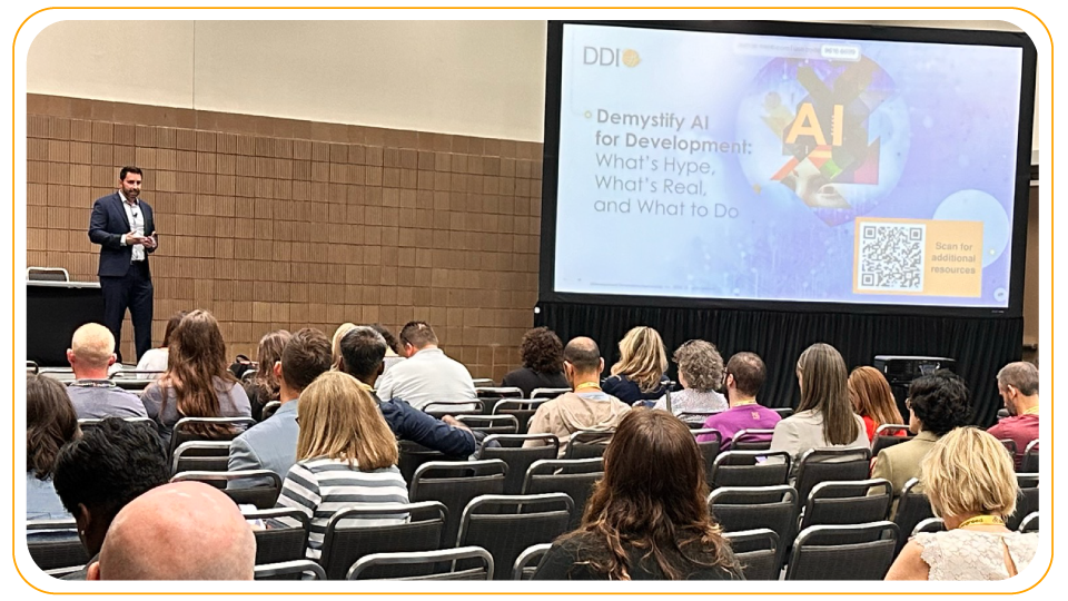 photo of Patrick Connell from DDI giving his presentation on demystifying AI for leadership development at ATD 2024 in New Orleans