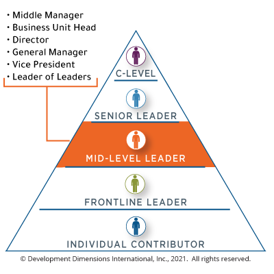 pyramid graphic showing the layers of an organization's management: the bottom layer is individual contributor, the next layer is frontline leader, the third layer is mid-level leader (also can be called middle manager, business unit head, director, etc.), fourth layer is senior leader, and C-level leaders are at the very top of the pyramid