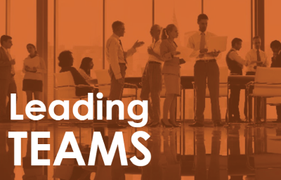 graphic that says, "Leading teams" with professionals working together in the background to show this value of middle managers is their capability to empower multiple teams