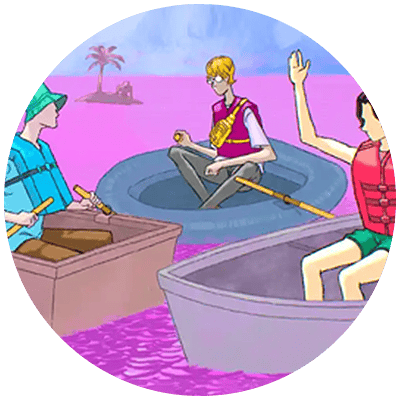 Three people, each in separate boats, connecting in the middle of a body of water to overcome remote work loneliness. 