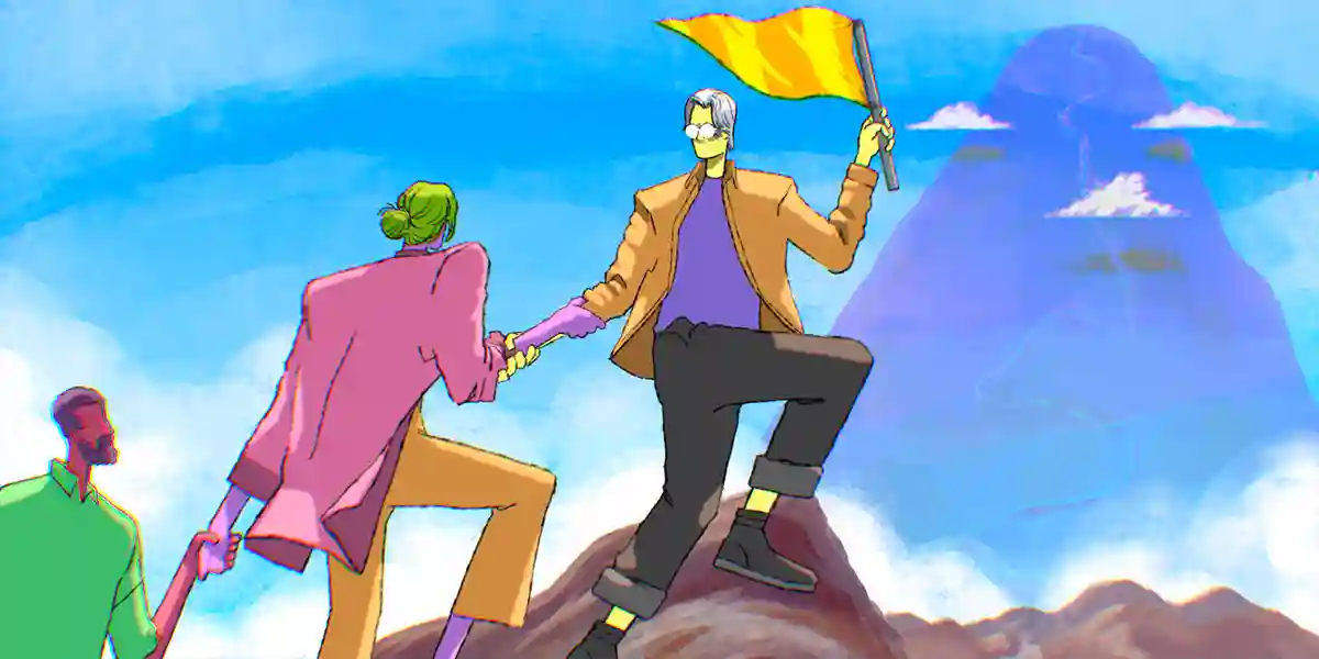 illustration of a leader with a golden flag in one hand guiding two people to the peak of a mountain to show that a clear leadership purpose helps teams pursue shared goals