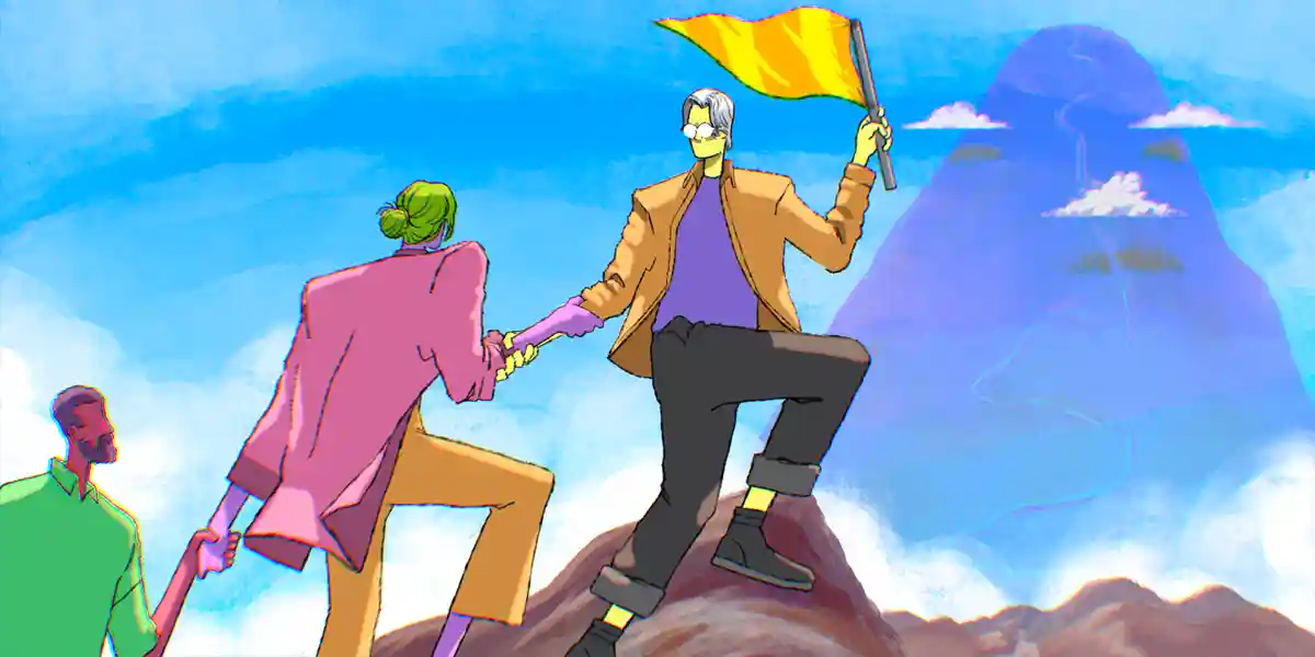 illustration of a leader with a golden flag in one hand guiding two people to the peak of a mountain to show that a clear leadership purpose helps teams pursue shared goals