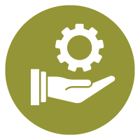 an icon of a hand holding a gear to show a development network is one type of network every woman leader needs