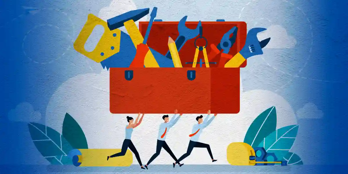 illustration of employees carrying a large toolbox filled with an assortment of tools to represent a variety of leadership assessment types you can use for selection and development