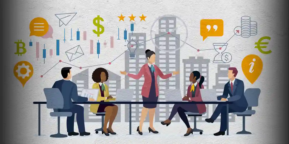 Illustration of multiple business people sitting at a table to indicate peer learning. Behind them is a city skyline with icons for money, mail, a lightbulb, and quotations.