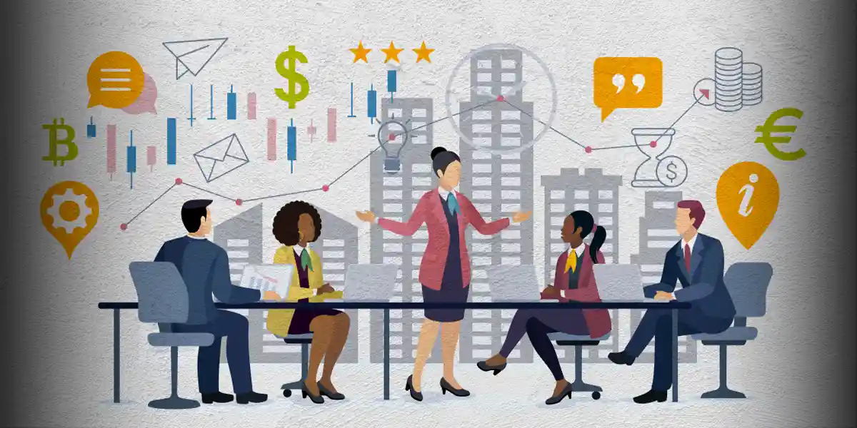 Illustration of multiple business people sitting at a table to indicate peer learning. Behind them is a city skyline with icons for money, mail, a lightbulb, and quotations.