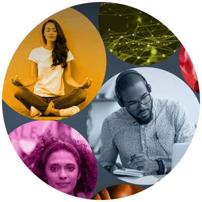 image with a bunch of little images representing the 10 hot leadership topics for 2021 blog that comes in number one on our list (image of a women doing yoga, for example, as one of the hot leadership topics is employee wellbeing)