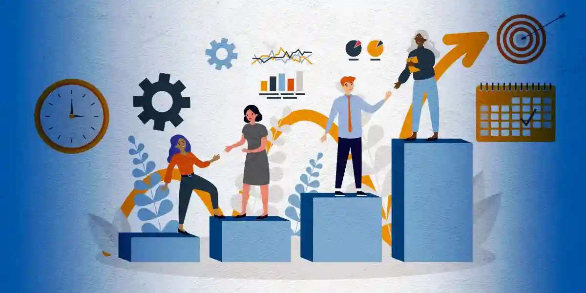 illustration of employees standing on increasing bar graph columns, surrounded by icons like a clock, calendar, target, and other charts to show that implementing a successful leadership development program requires multiple steps