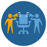 Illustration of an office chair with two people on either side shouting at each other with megaphones, representing the arguments amongst new and tenured executives in the c-suite