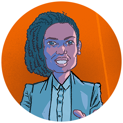 a woman pointing her finger out to show she's the believer type of stakeholder