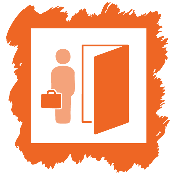 icon of a person, holding a briefcase, about to walk out a door to show that reducing employee turnover is the first way to demonstrate the ROI of leadership development