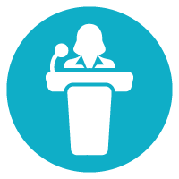 icon of a woman speaking at a podium to show an influence network is one type of network every woman leader needs