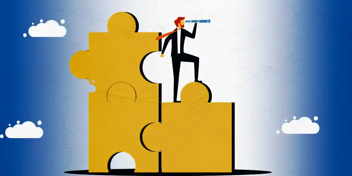 Man dressed in a business suit and standing on puzzle pieces while looking through a telescope to illustrate leading through change. 