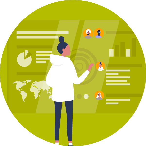 illustration of a female CEO looking at a dashboard, preparing to communicate vision and purpose, enacting the Purpose-Driven Prophet, one of the five CEO leadership personas