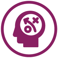 icon of the outline of a head with the brain filled in with an "x" and an "o" to show that one of the four tactics women executives can use to address the age gap is to stay focused on what matters most