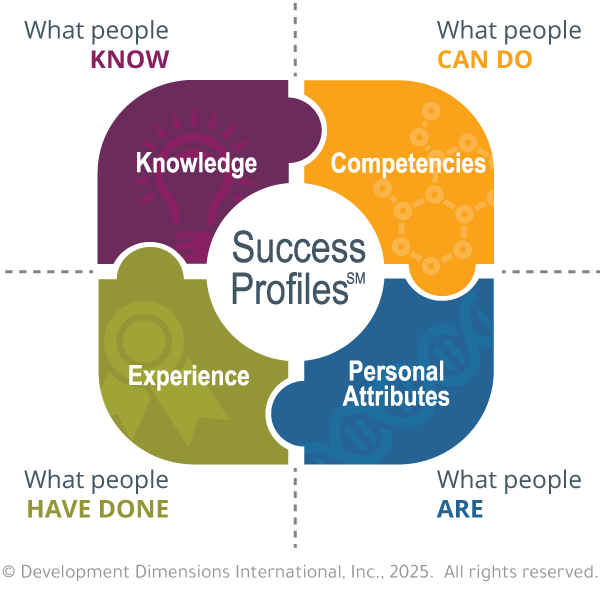 Four colorful puzzle pieces being put together to show the four aspects of success profiles, knowledge, experience, competencies, and personal attributes. 