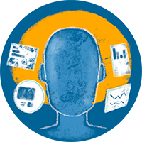 illustration of a head surrounded by small images of data analysis and charting (bar charts, line graphs, etc.) to show that this top leadership development challenge for HR pros is about creating personalized learning experiences