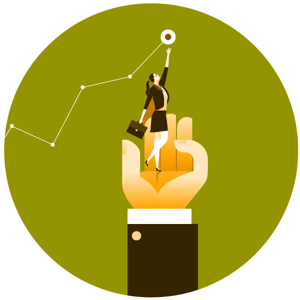 illustration of a woman leader in the hand of a large hand, reaching for the top of a line graph that is trending upward to show the importance of first-time manager advice of having a growth mindset