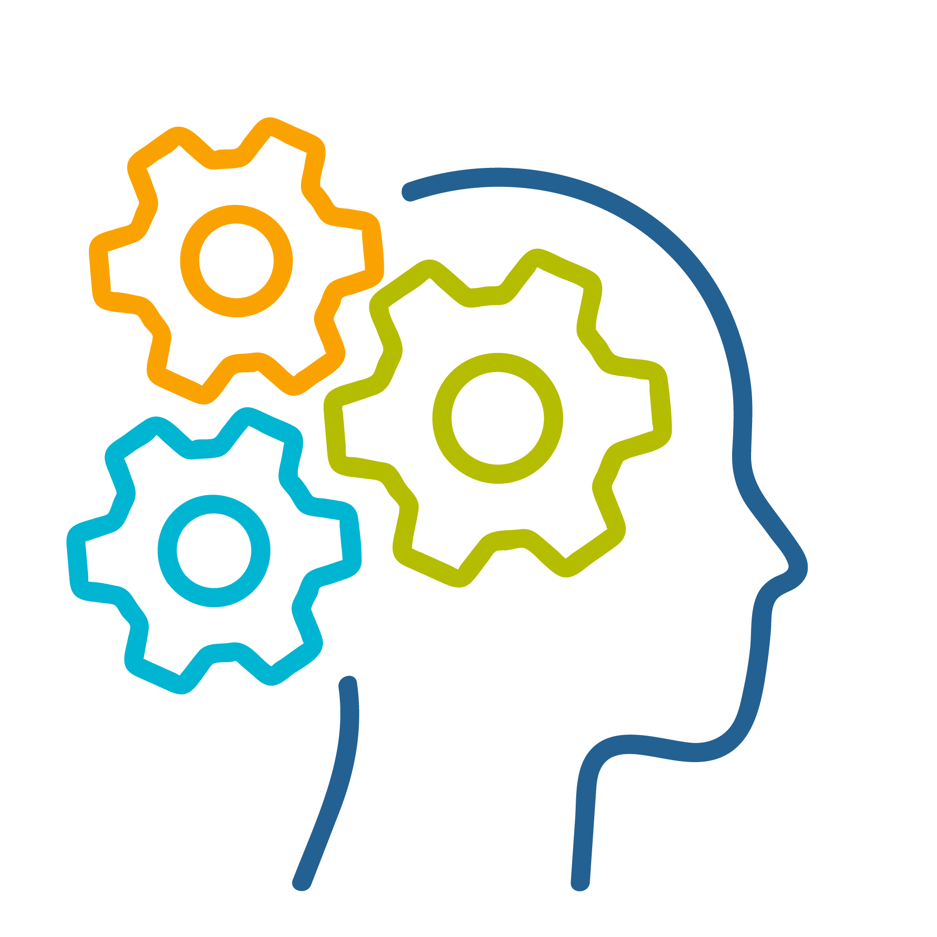 Silhouette of a person with gears icons for peer learning.
