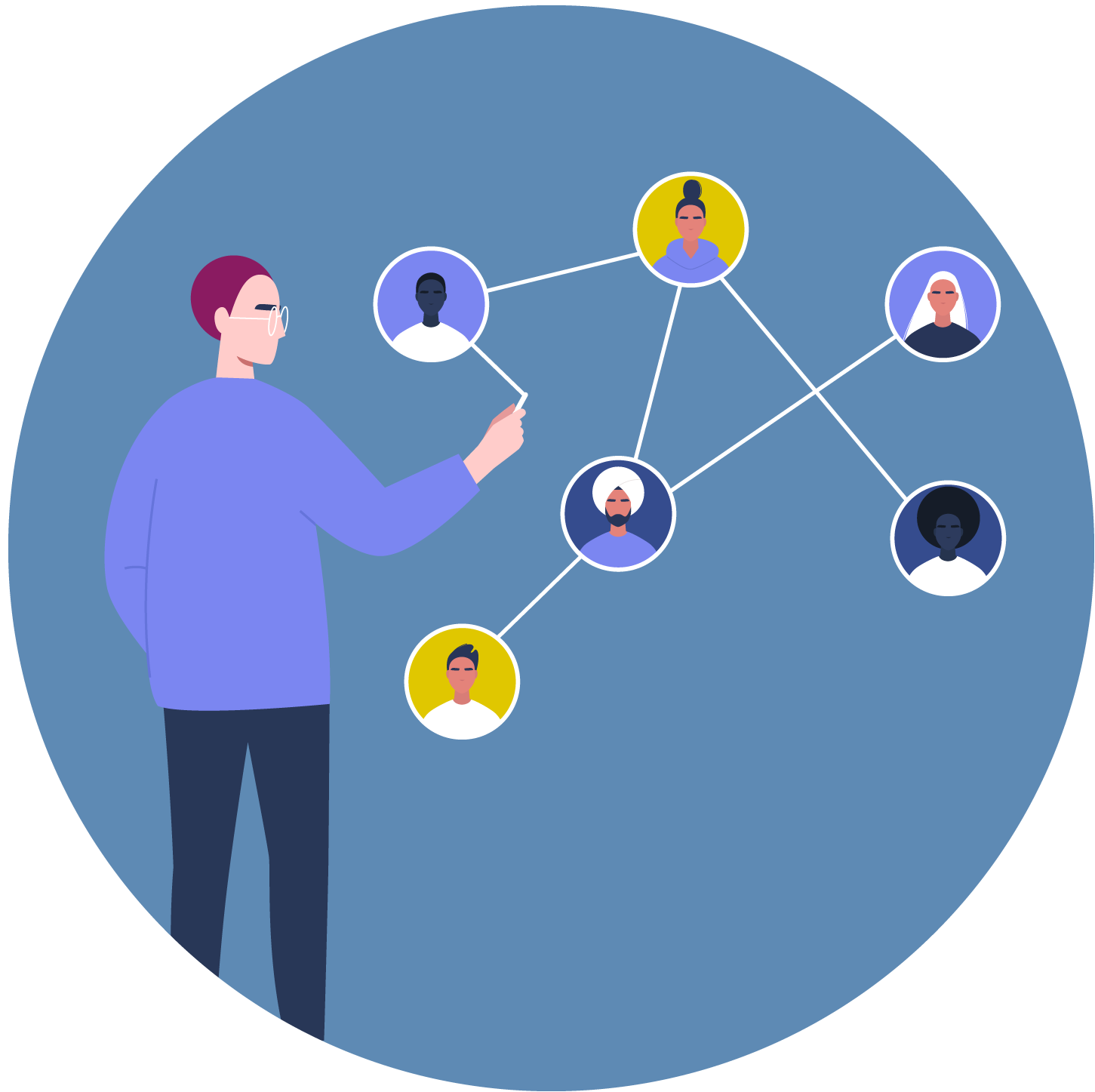 illustration of a male CEO standing up over a board where he is connecting dots with peoples' faces to build effective teams, enacting the Talent Architect, one of the five CEO leadership personas