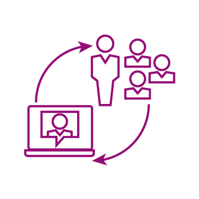 illustration of a person icon on a laptop with arrows pointing up at a teacher icon and student person icons to show that flipped classroom is among the tools for blended learning strategies