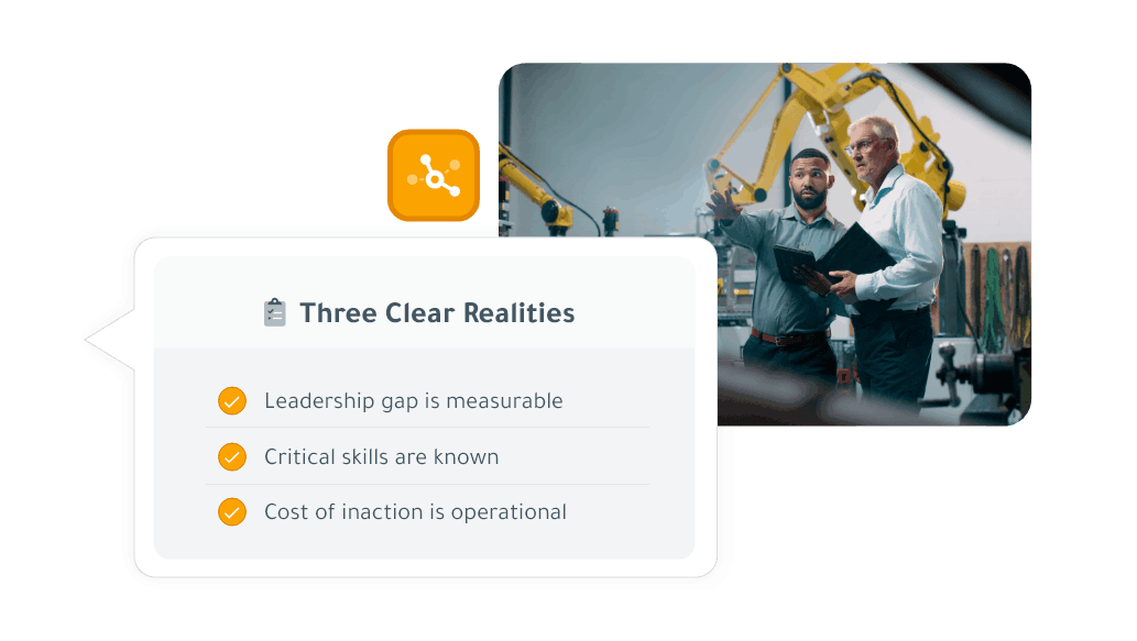 Factory scene with two professionals discussing equipment beside a panel titled "Three Clear Realities" listing the key takeaways as: Leadership gap is measurable, Critical skills are known, and Cost of inaction is operational.