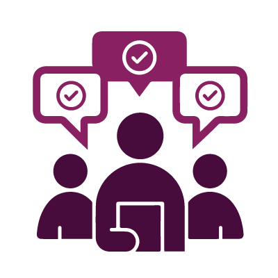 icon of business people with conversation bubbles above them with check marks in them to show that step four of creating a coaching culture is to create accountability 