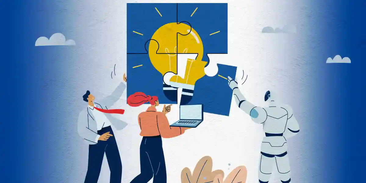 illustration of leaders working with AI to put together a puzzle of a light bulb, representing how AI success is determined by leadership capabilities