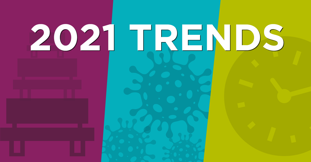 animated image of a bench, a coronavirus, and a clock to symbolize the three leadership trends covered in this blog post
