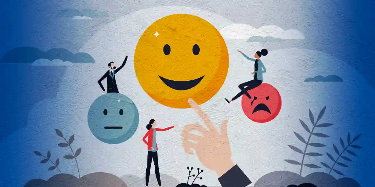 Graphic of business-dressed people sitting within a cloud of emoticons, including a smiley face, an unaffected face, and an angry or crying face, to highlight the different personality tests for leaders.