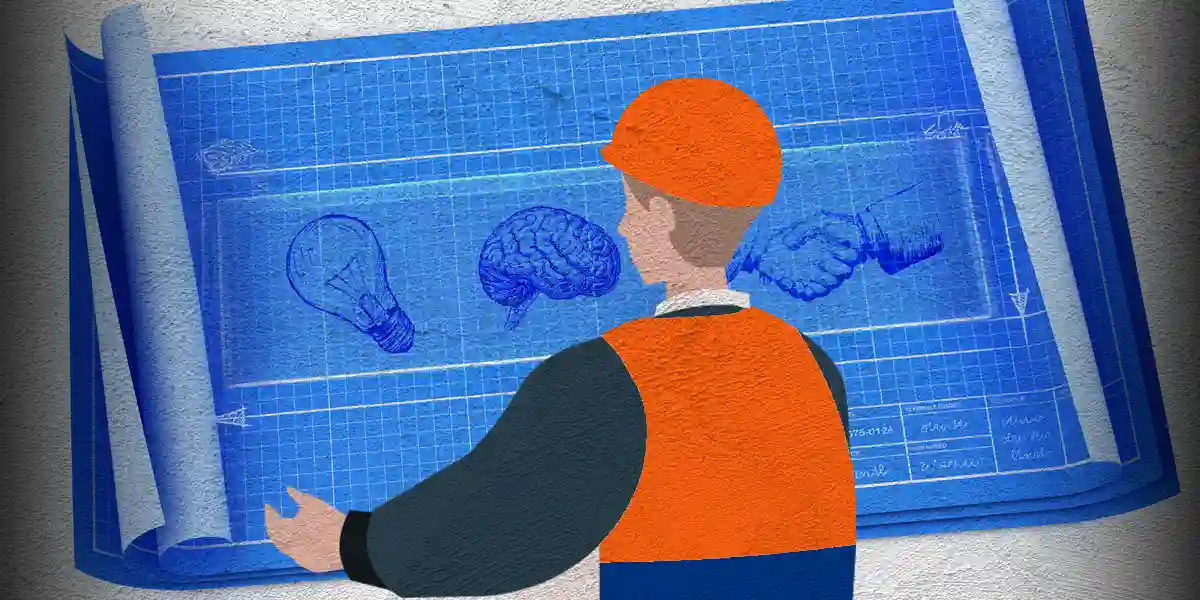 Illustration of a business man in an orange construction hat and vest in front of a blueprint with a lightbulb, a brain, and a handshake to represent business drivers.