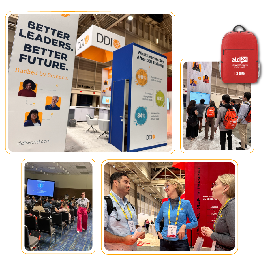 several photos in a collage format to show DDI's presence at ATD 2024: photo of DDI's expo booth, session speakers, and a book bag with DDI's logo to show that DDI was the tote bag sponsor