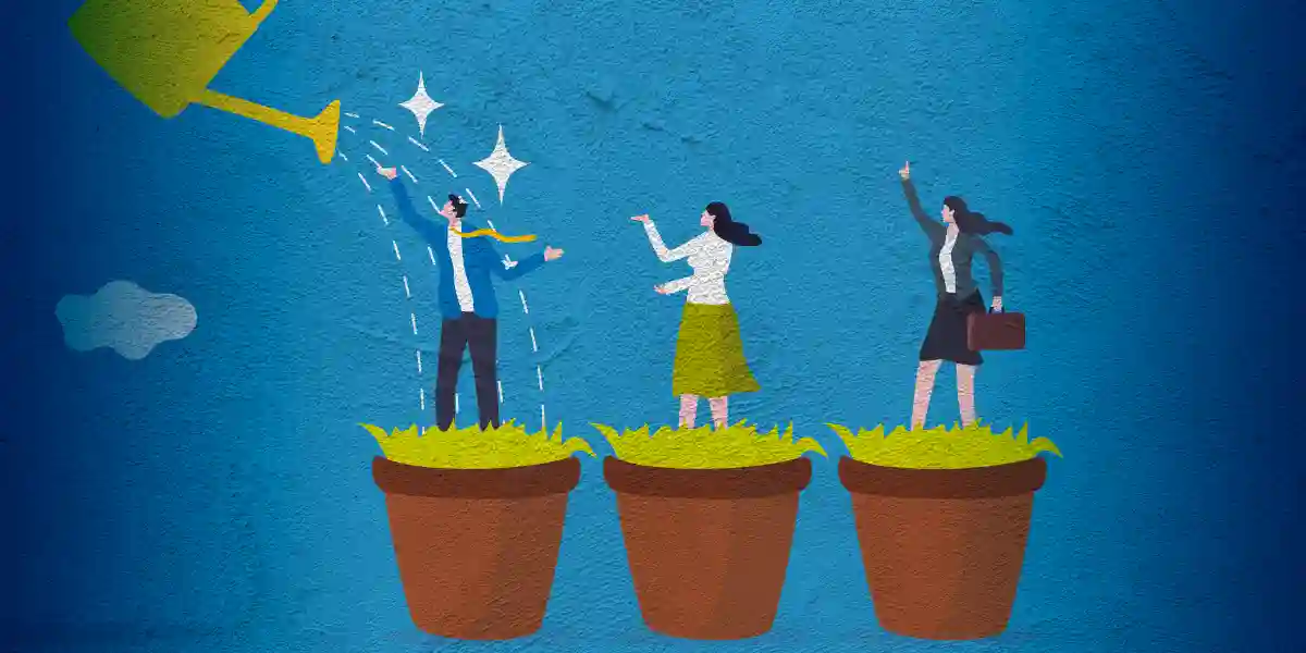 people standing on pots being watered to symbolize growth from best practices for leadership development