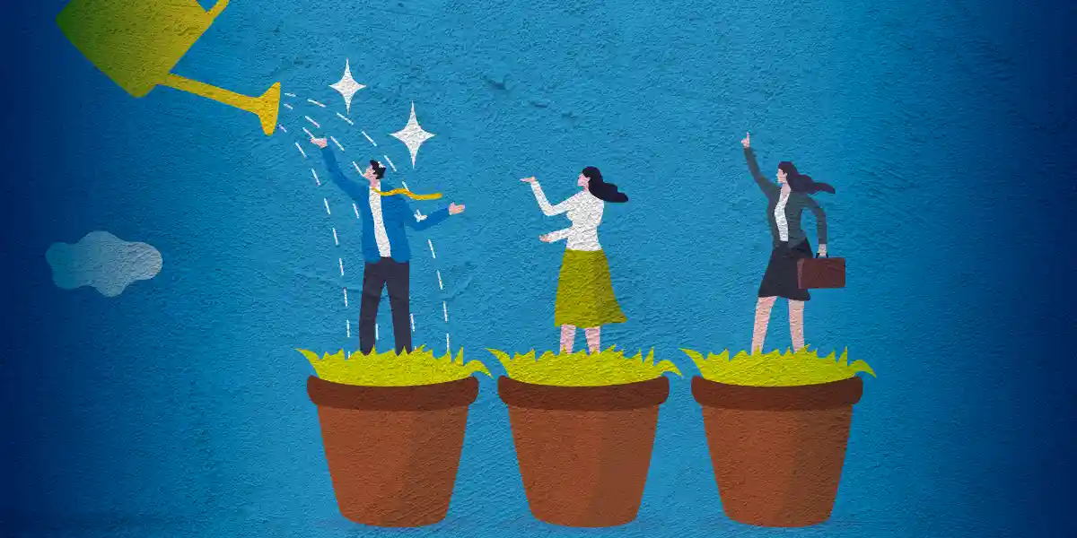 people standing on pots being watered to symbolize growth from best practices for leadership development