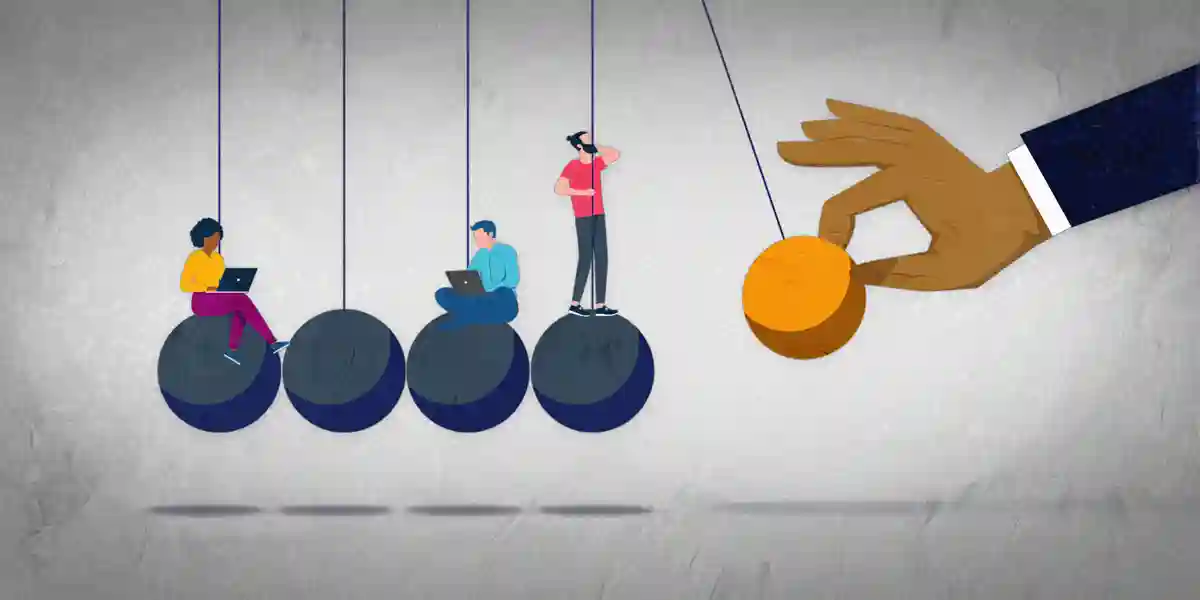 illustration of office workers sitting or standing on the balls of a Newton's cradle and working. at the far end, a hand pulls back a ball to show that the state of leadership development swings between two learning methods