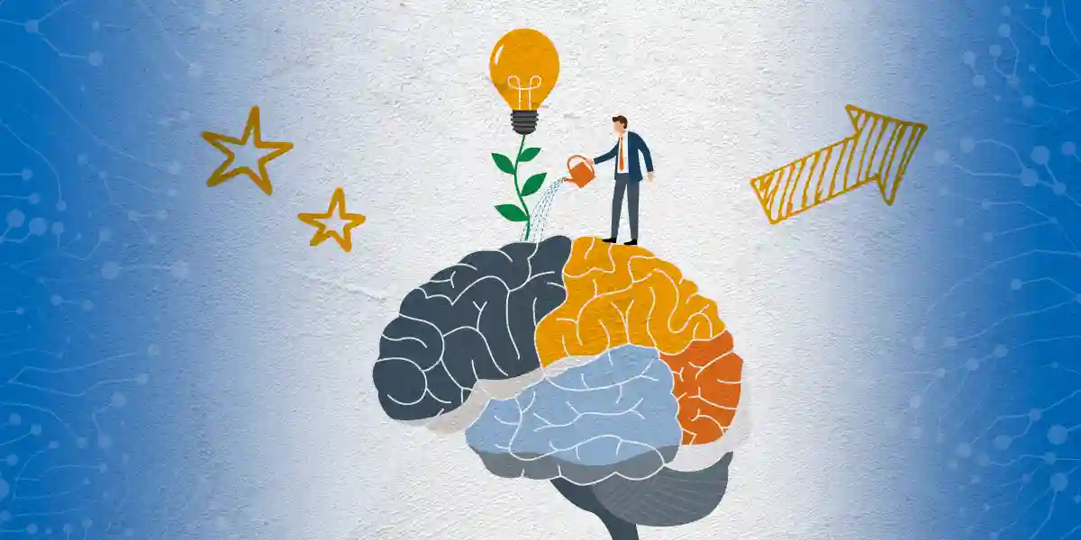 A man watering a brain with a lightbulb growing out of it. Stars to the right indicate leadership and the arrow icon indicates development.